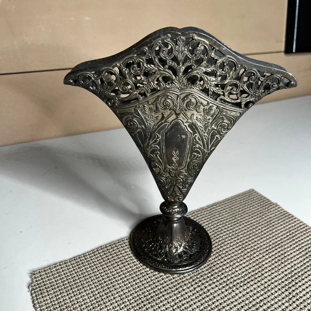 Vintage GSA 1991 Ornate Silver Tone Filigree Fan Shaped Pedestal Vase 9.5 Inch